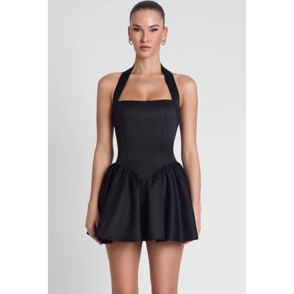 LEAU Hyades Halter Corset Mini Dress Black Satin NWT Size S Babydoll $155